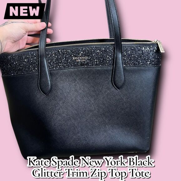 New NWT Kate Spade New York Black Glitter Trim Zip Top Tote Bag Purse - Picture 3 of 10